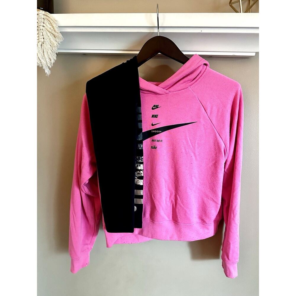 Women's Nike Crop Hoodie And Leggings Outfit Bundle Set Size Small Black Pink
